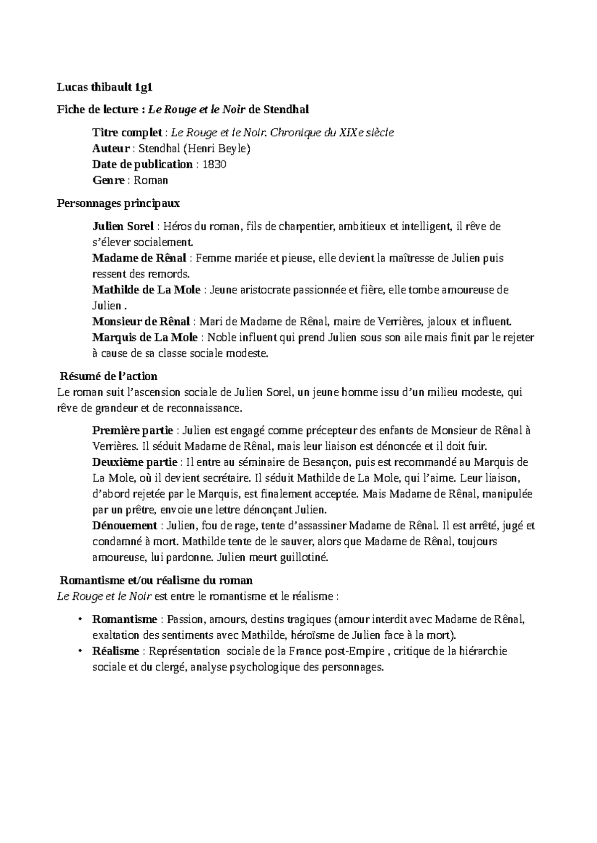 Fiche de Lecture : Le Rouge et le Noir de Stendhal (1G1) - Studocu