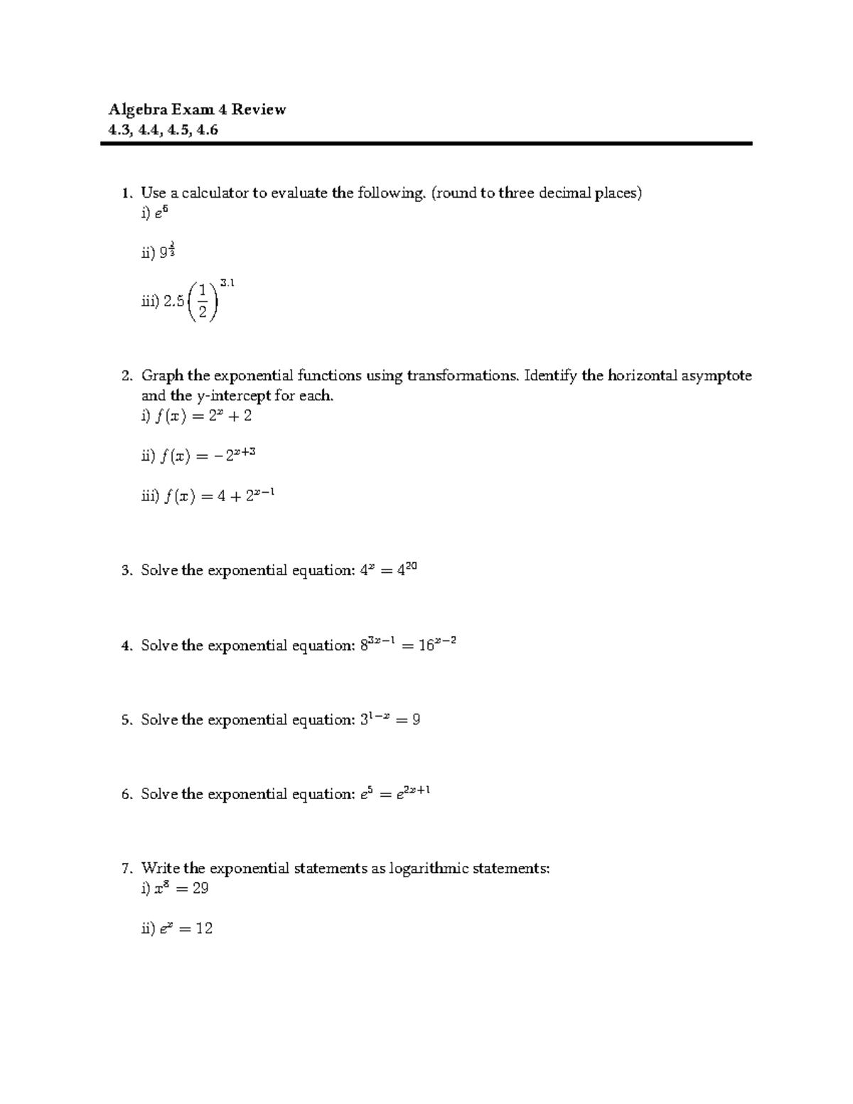 Algebra Exam 4 Review (Ch 4.3 - 4.6) Preparation Guide - Algebra Exam 4 ...