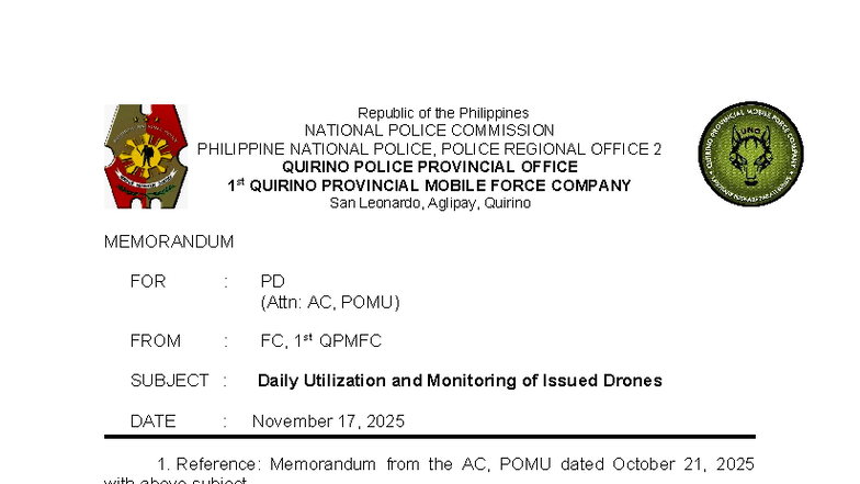 Daily Utilization & Monitoring of Drones - 1st QPMFC Memo - Studocu