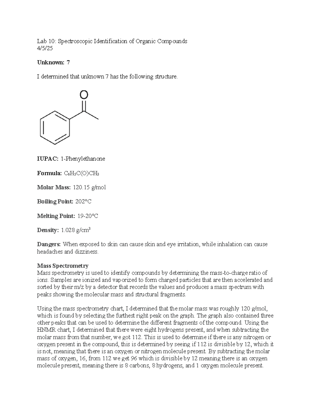 Lab 10: Spectroscopic Analysis of Organic Compound Unknown 7 - Studocu