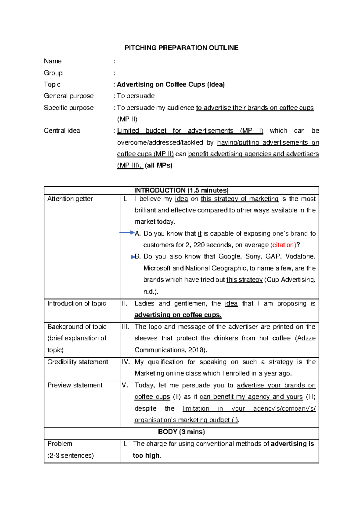 Pitching Preparation Outline - PITCHING PREPARATION OUTLINE Name ...