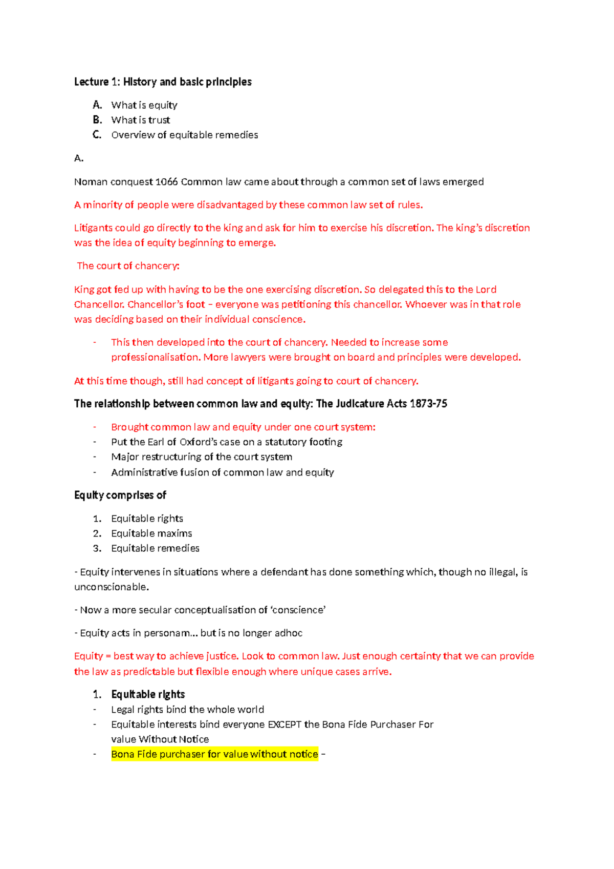 Lecture 1 & 2: History and Principles of Equity & Trusts - Studocu