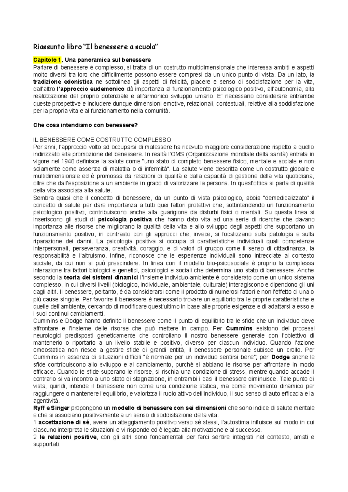 Riassunto: Il Benessere a Scuola - Approfondimenti e Riflessioni - Document Preview