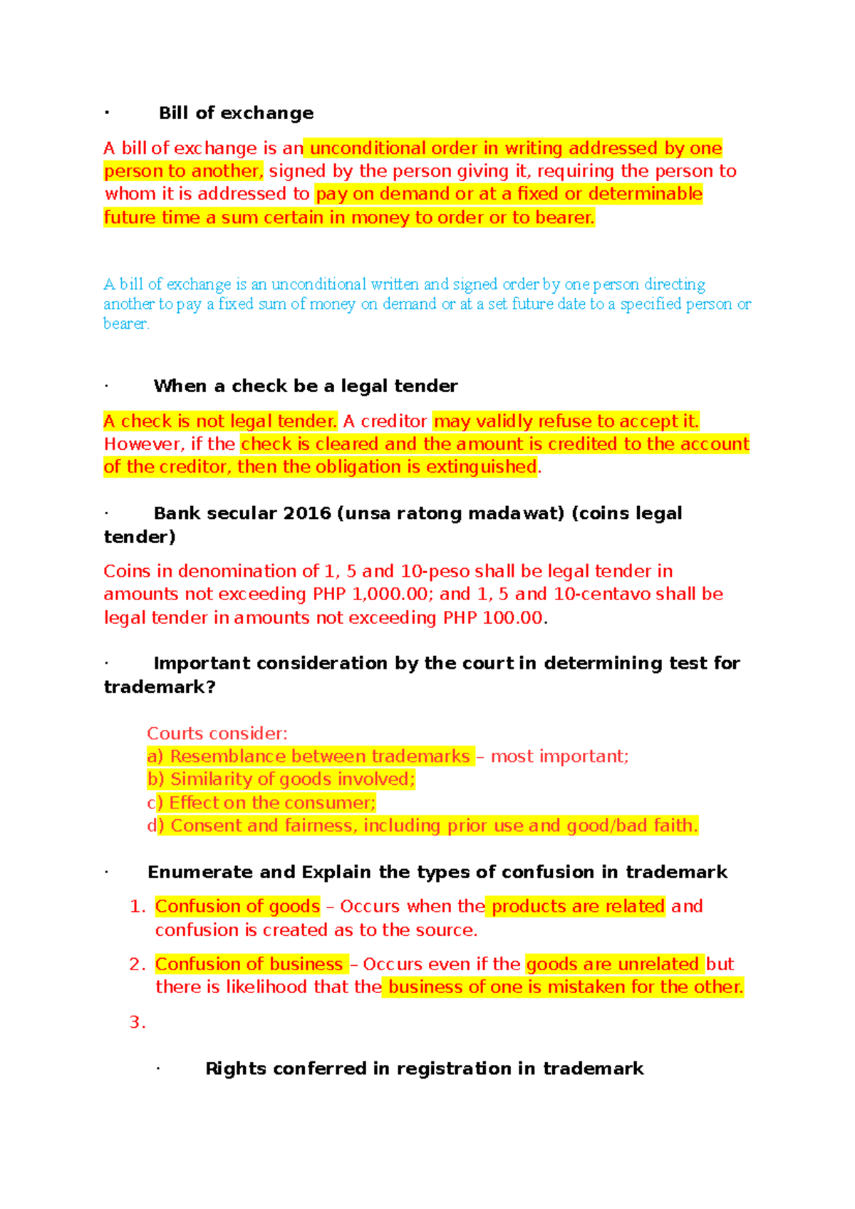 LAW 101: Final Exam Notes on Bills of Exchange and Trademark Law - Studocu