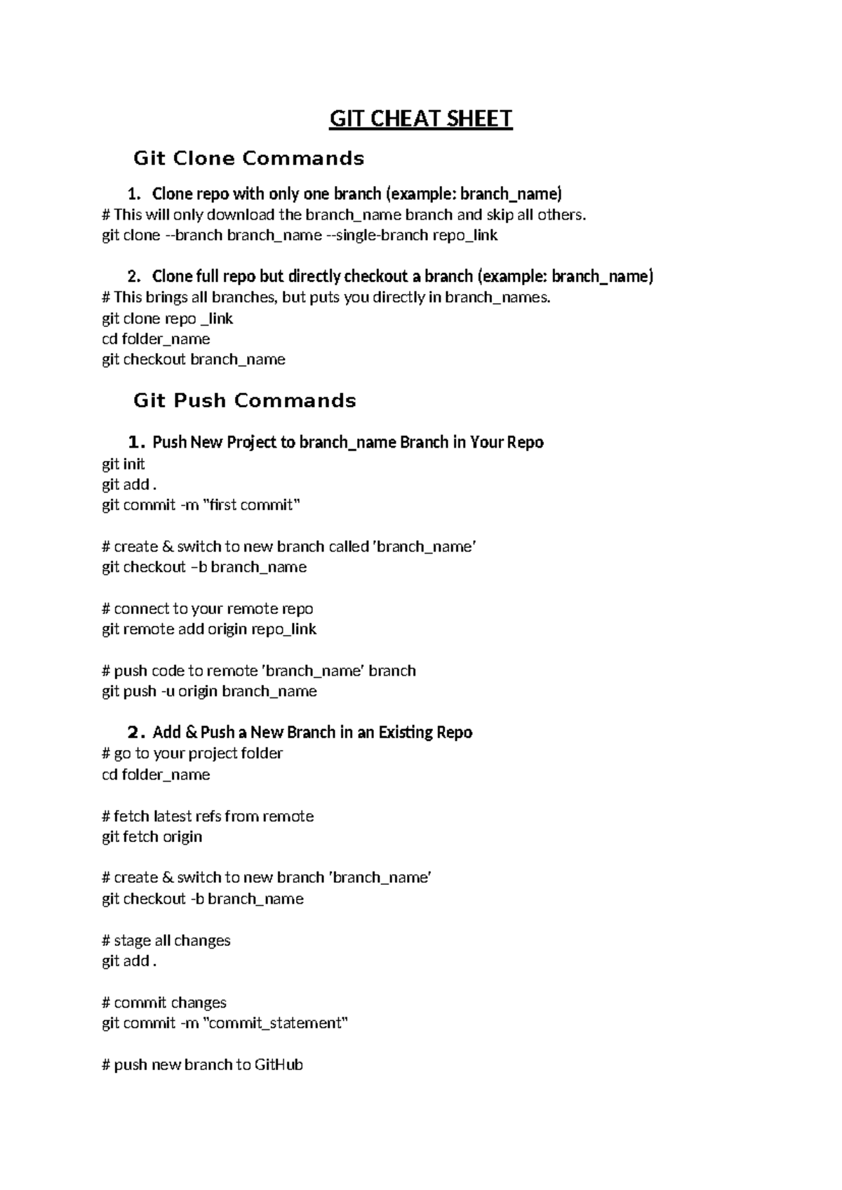 GIT CHEAT SHEET: Essential Clone, Push, and Pull Commands - Studocu