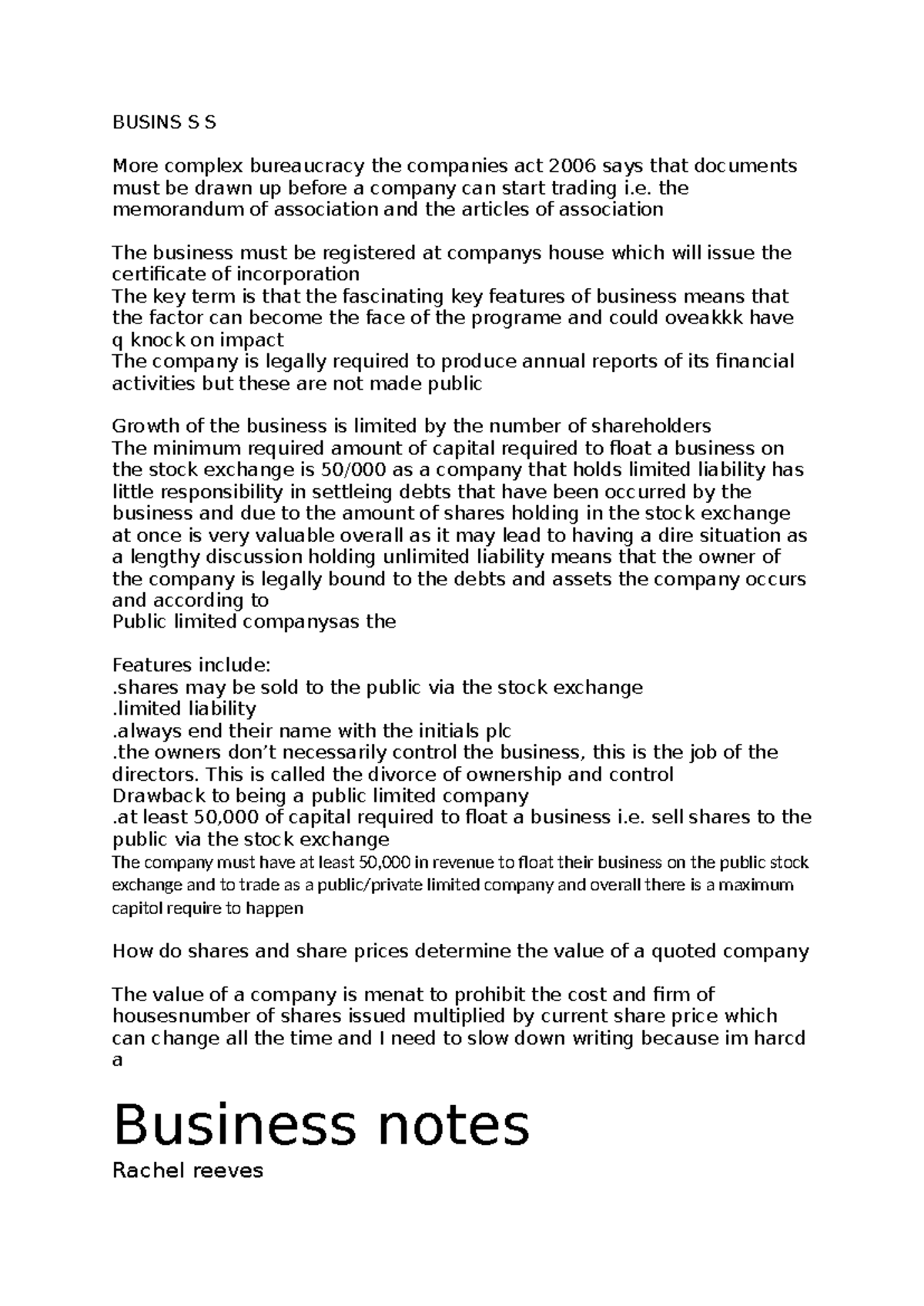 BUSINS S S: Key Features of Business and Company Structure Notes - Studocu