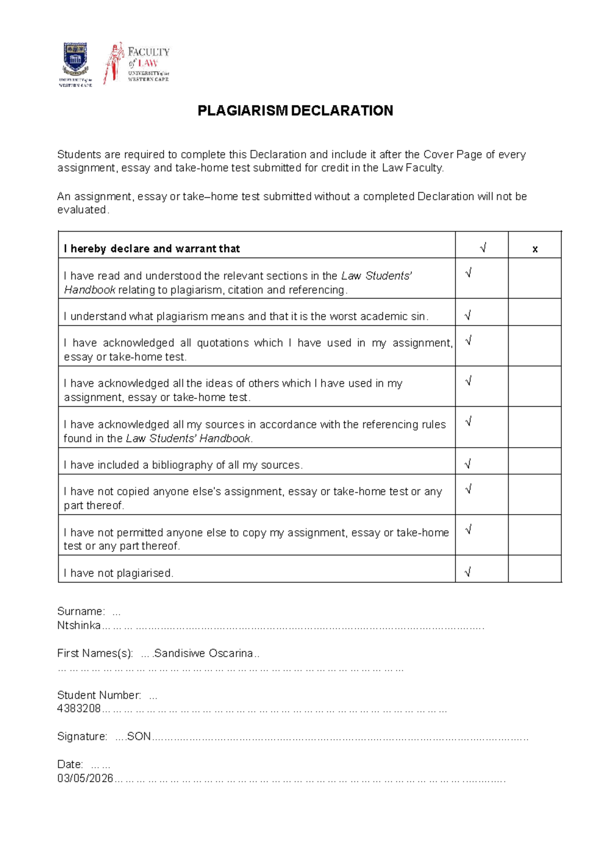 LAW- Plagiarism Declaration for Assignments and Essays - Studocu