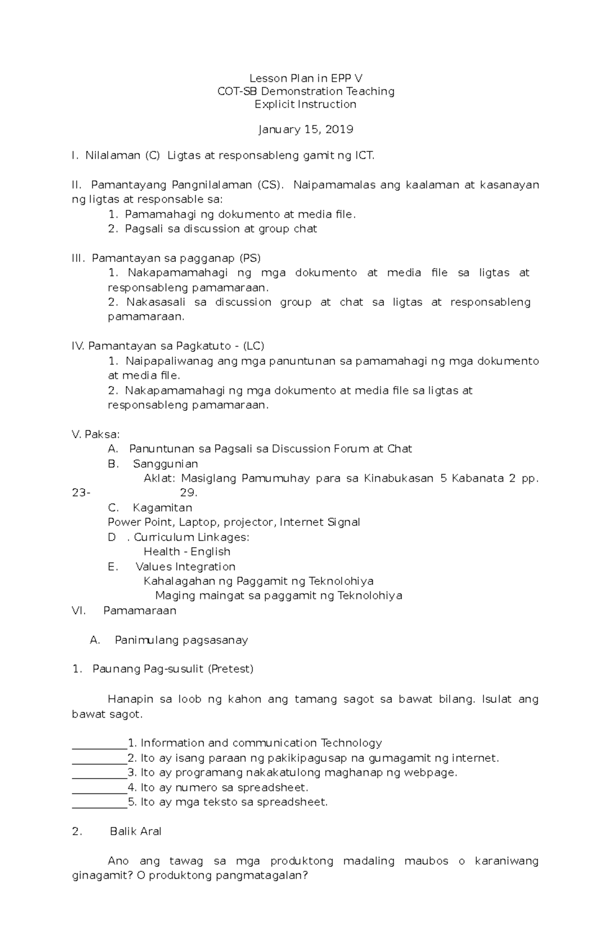 Lesson Plan in EPP V - This file may be used by a teacher or an ...