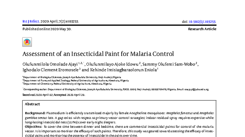 Assessment of Insecticidal Paint Efficacy for Malaria Control - Studocu