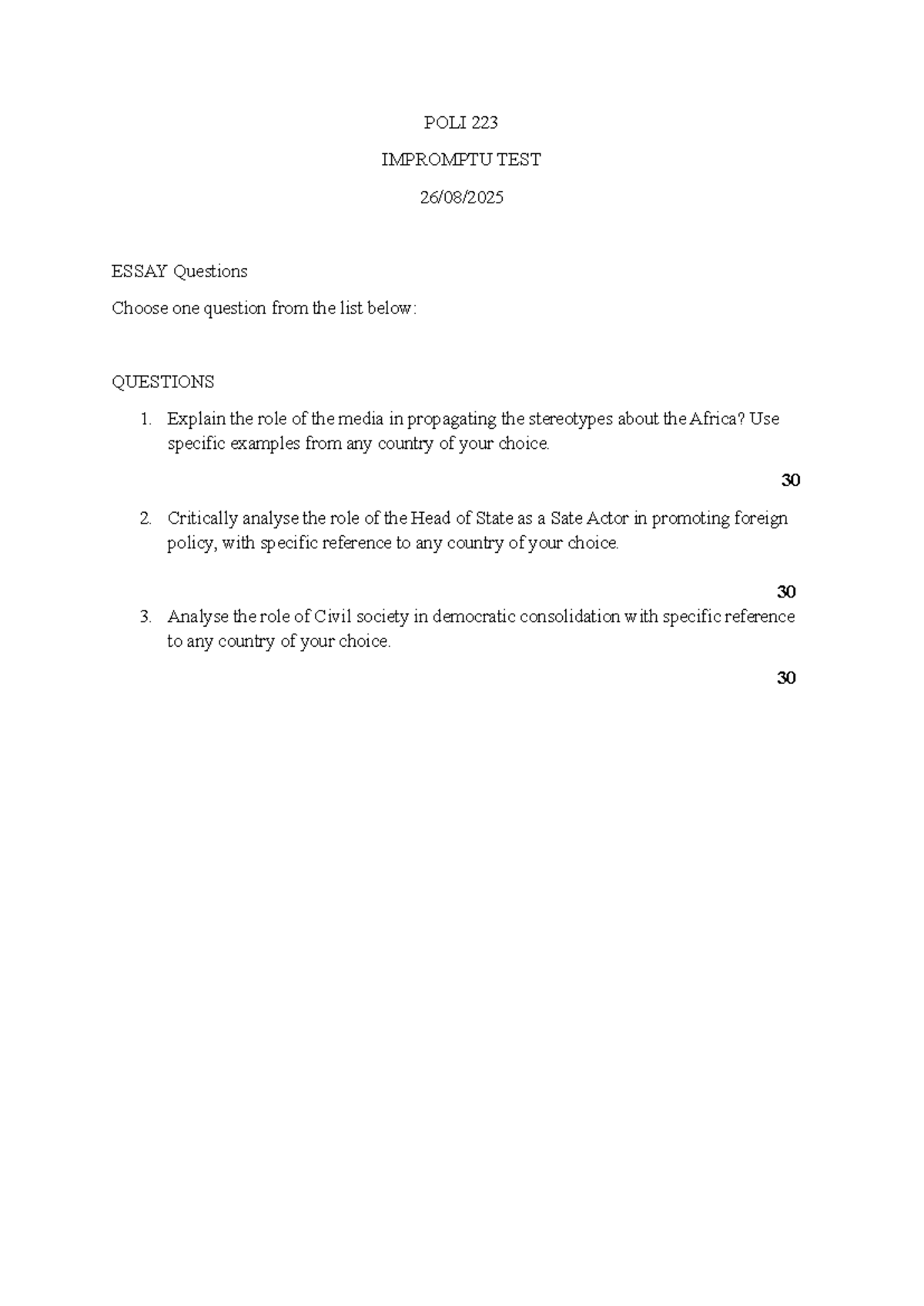 Impromptu TEST POLI 233 - POLI 223 IMPROMPTU TEST 26/08/ ESSAY ...