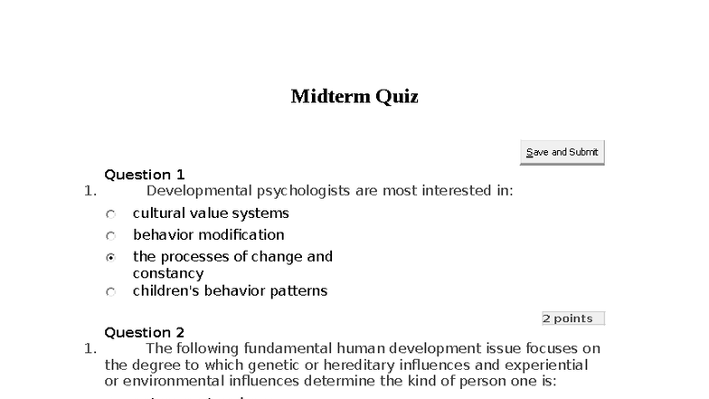 PSY 101: Midterm Quiz Lecture Notes on Developmental Psychology - Studocu