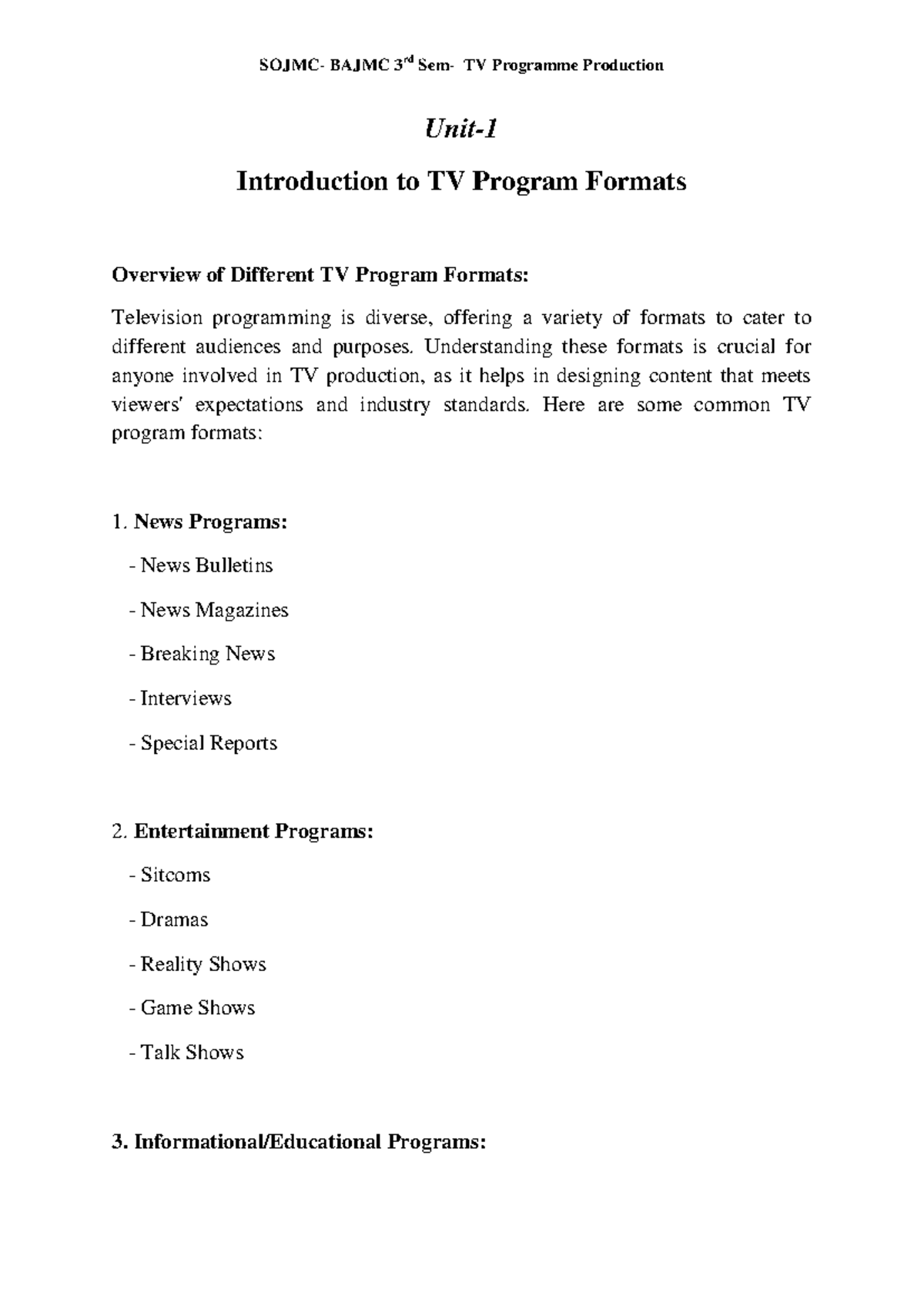 TV Programme Formats: Types and Examples in Production - Studocu