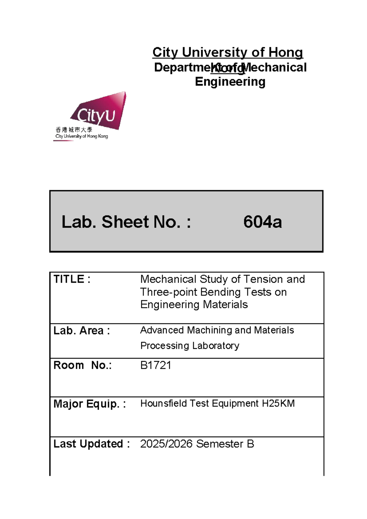 Mechanical Lab Report: Tension & Bending Tests on Materials (ME 604a ...