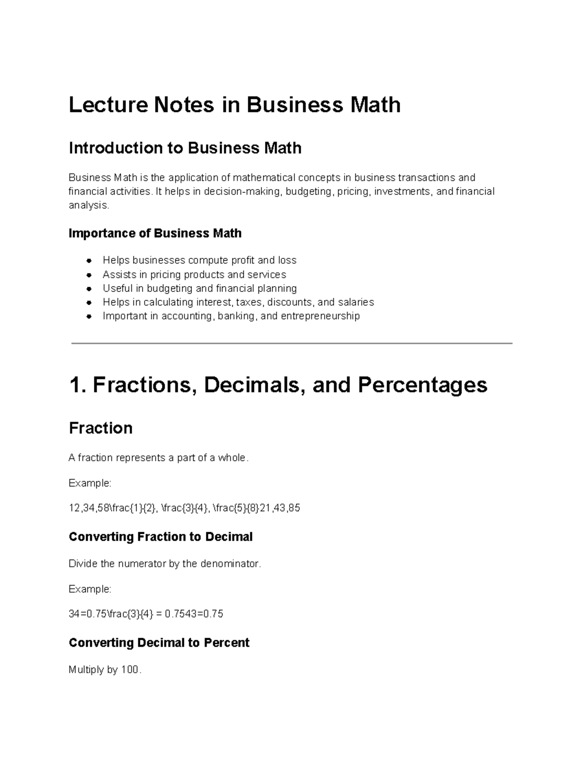 Lecture Notes: Introduction to Business Math (BUS 101) - Studocu