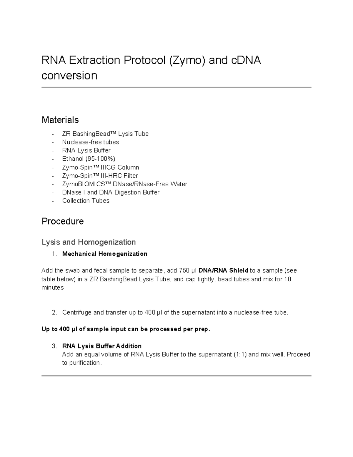 Lab3 RNA Extraction & cDNA Conversion Protocol (Zymo) - Studocu