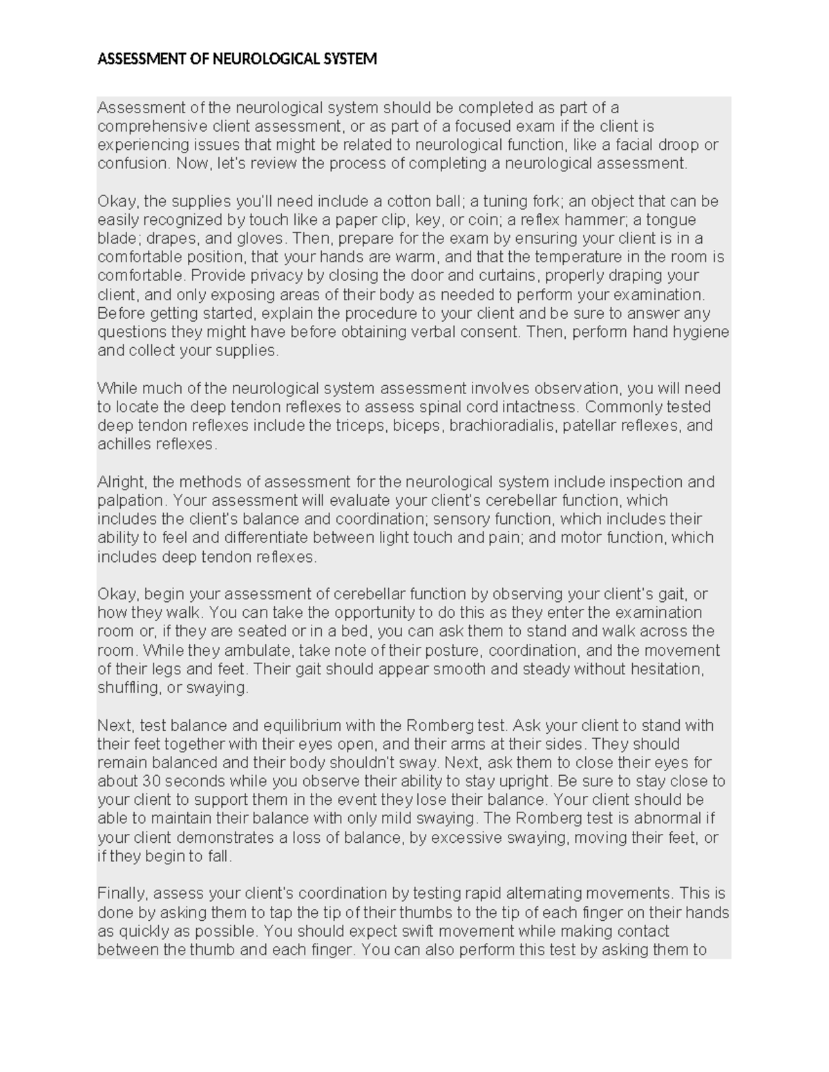 Neurological System - Notes - ASSESSMENT OF NEUROLOGICAL SYSTEM ...