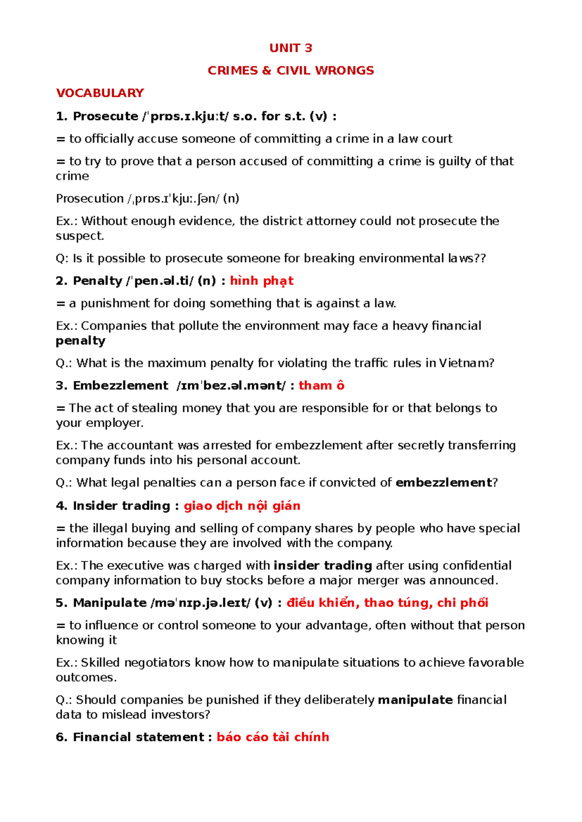 UNIT 3 - Civil Wrongs & Crimes Vocabulary Notes - Studocu