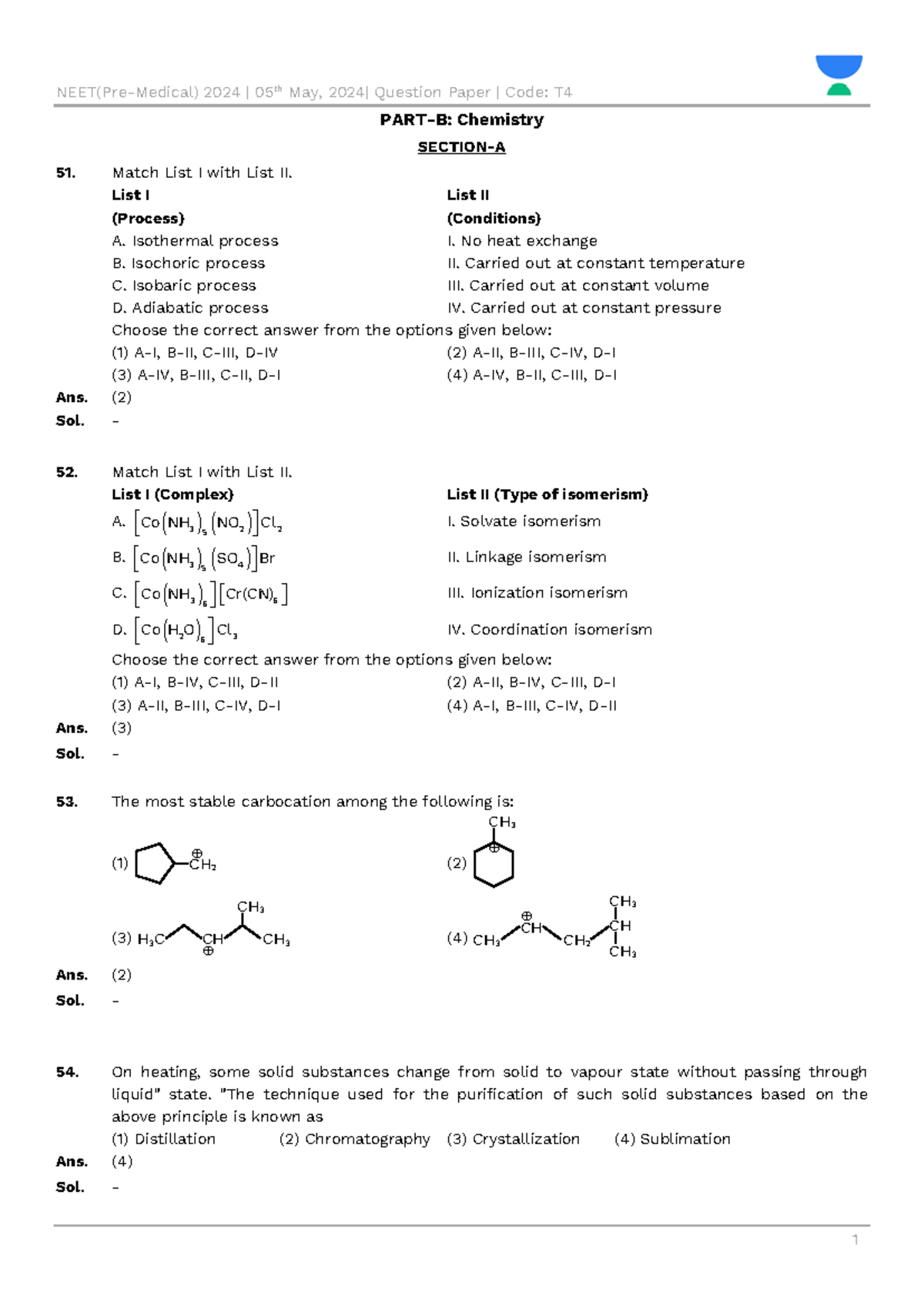 NEET Chemistry 2023-24: Detailed Solutions for Match & MCQ Questions ...