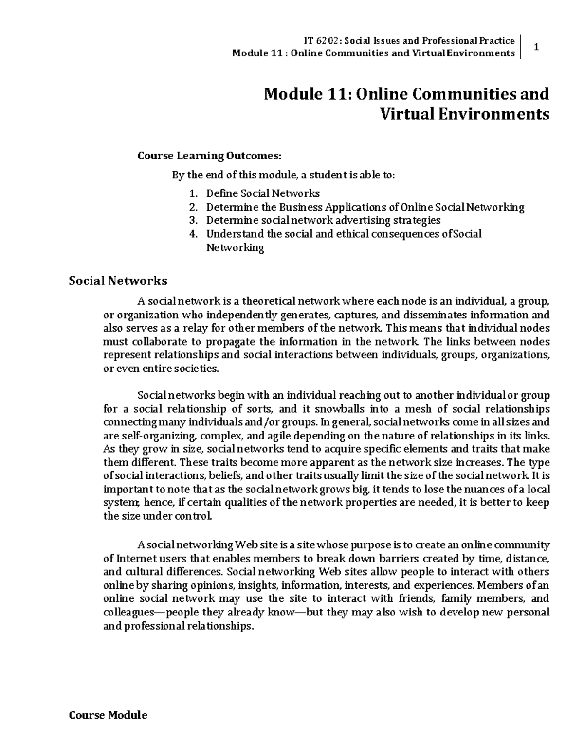 Module 11: Online Communities and Virtual Environments Overview - Studocu
