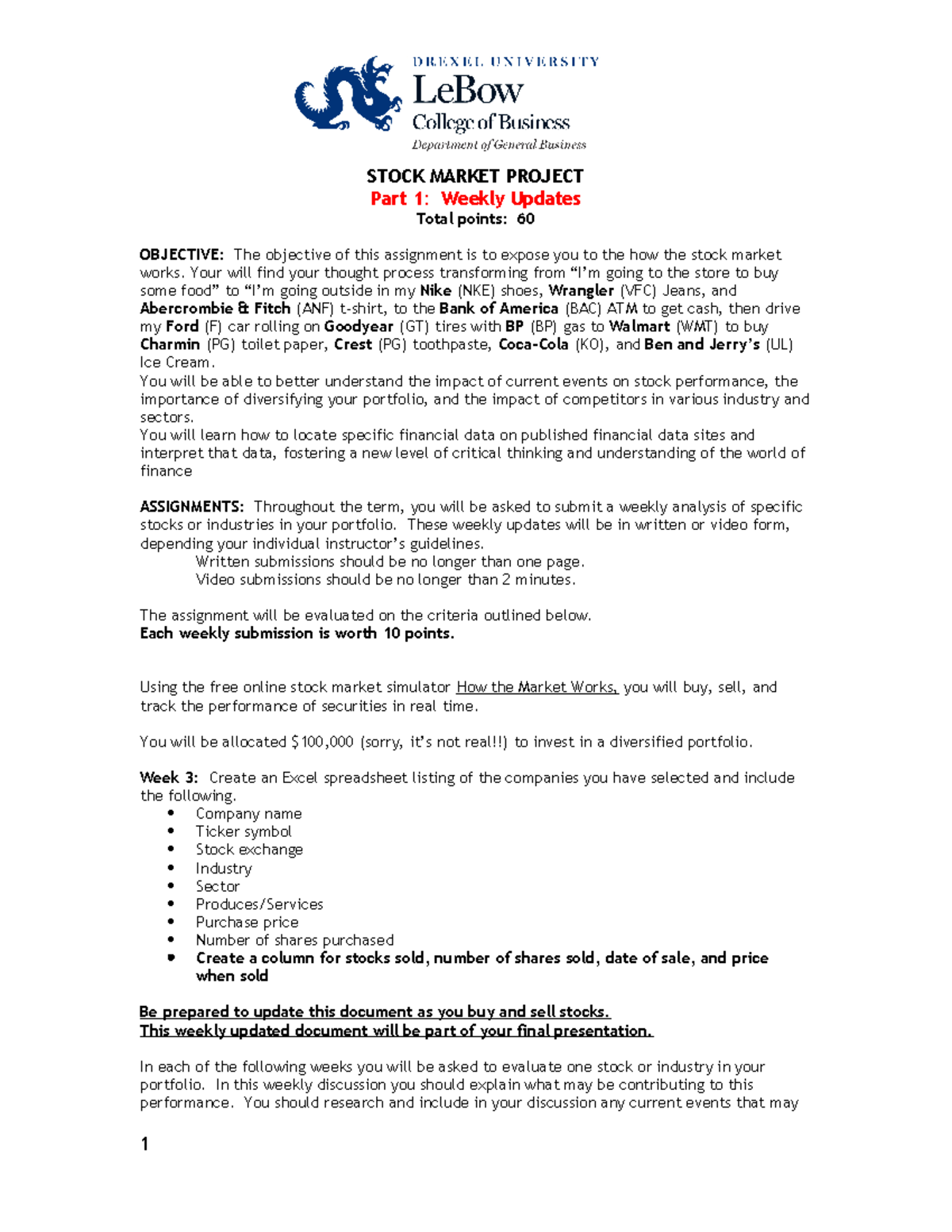 STOCK MKT PROJ 1: Part 1 Weekly Updates & Analysis Guidelines - Studocu