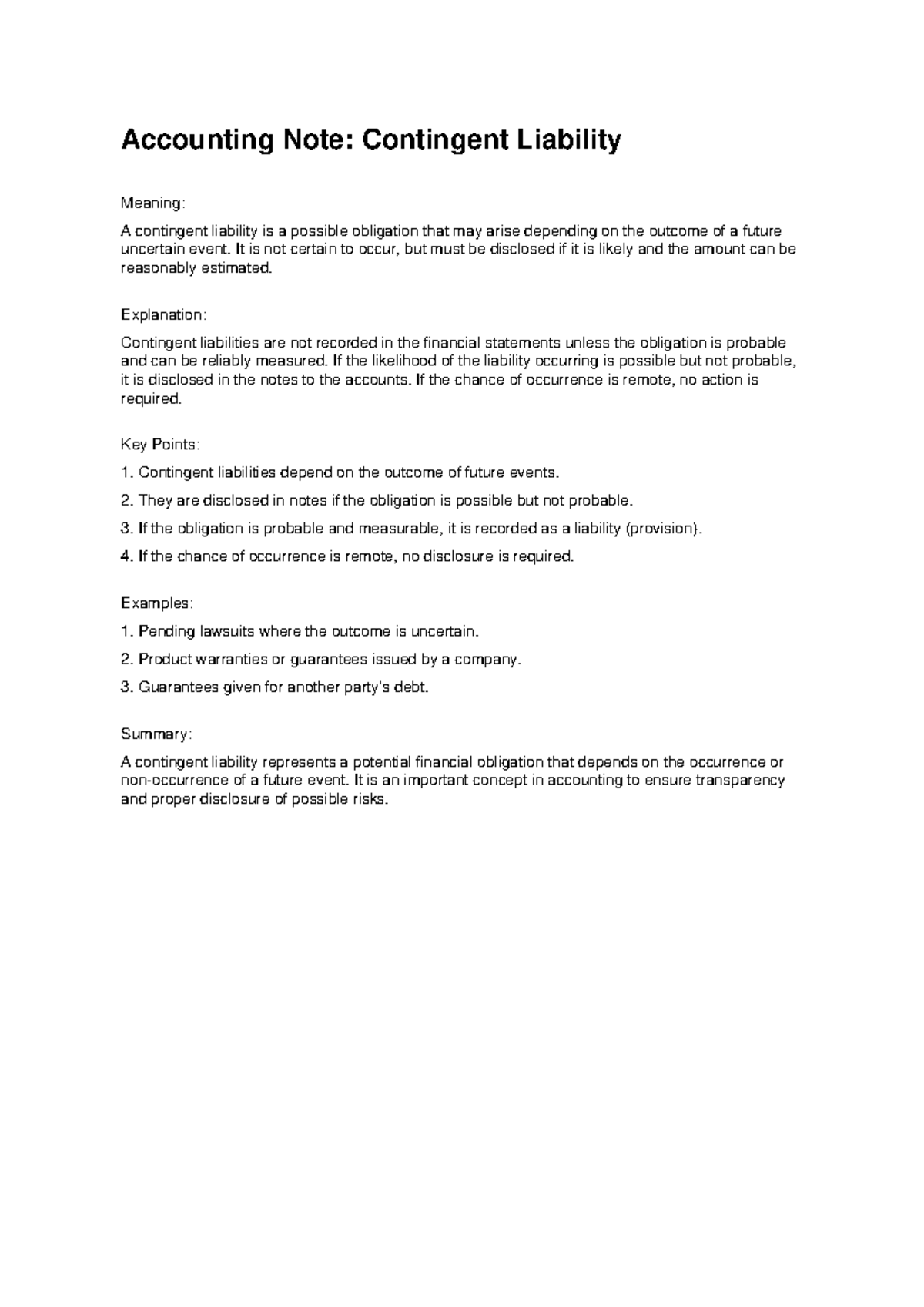 Accounting Notes: Understanding Contingent Liability Concepts - Studocu
