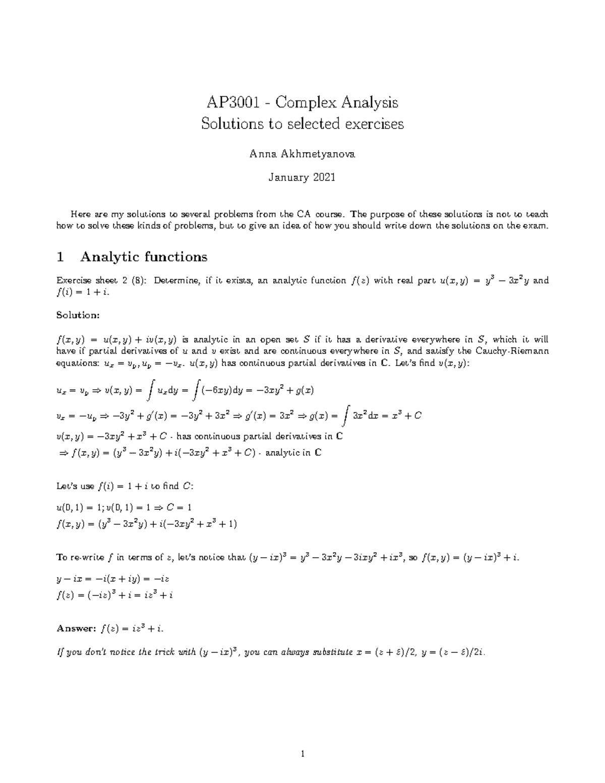AP3001 - Complex Analysis Solutions to Selected Exercises - Studeersnel