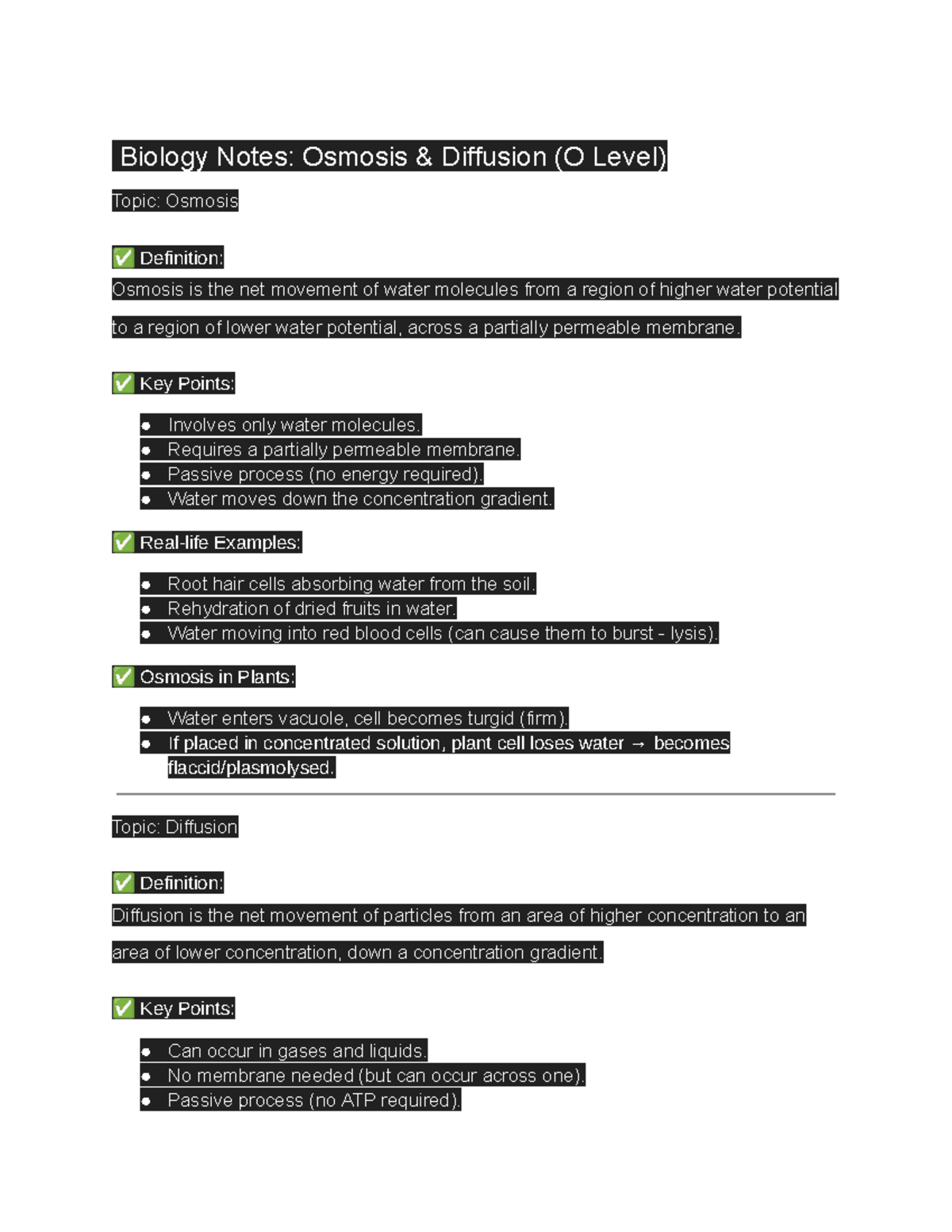O Level Biology Notes: Osmosis & Diffusion Overview - Studocu