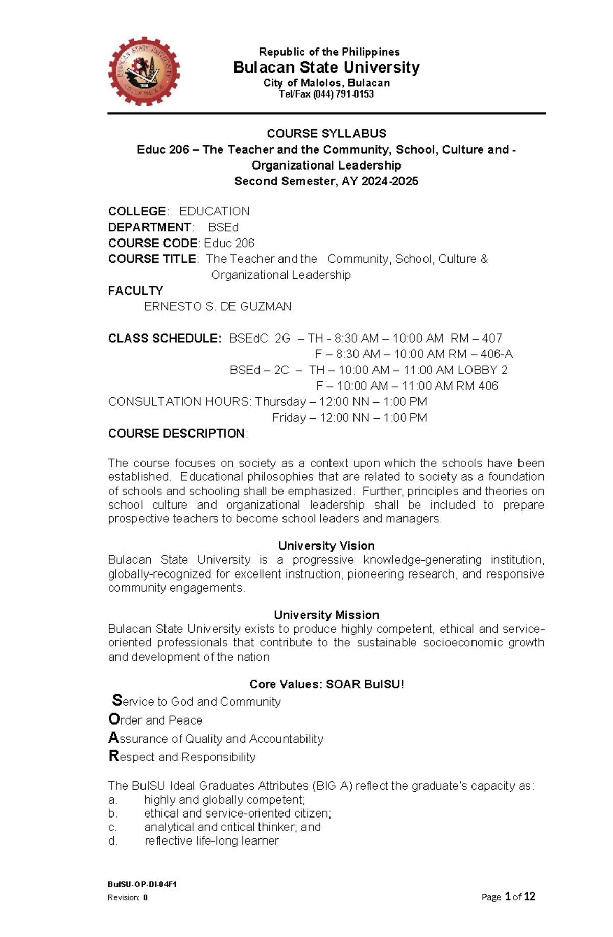 Educ 206 Syllabus: The Teacher, Community, School Culture & Leadership ...
