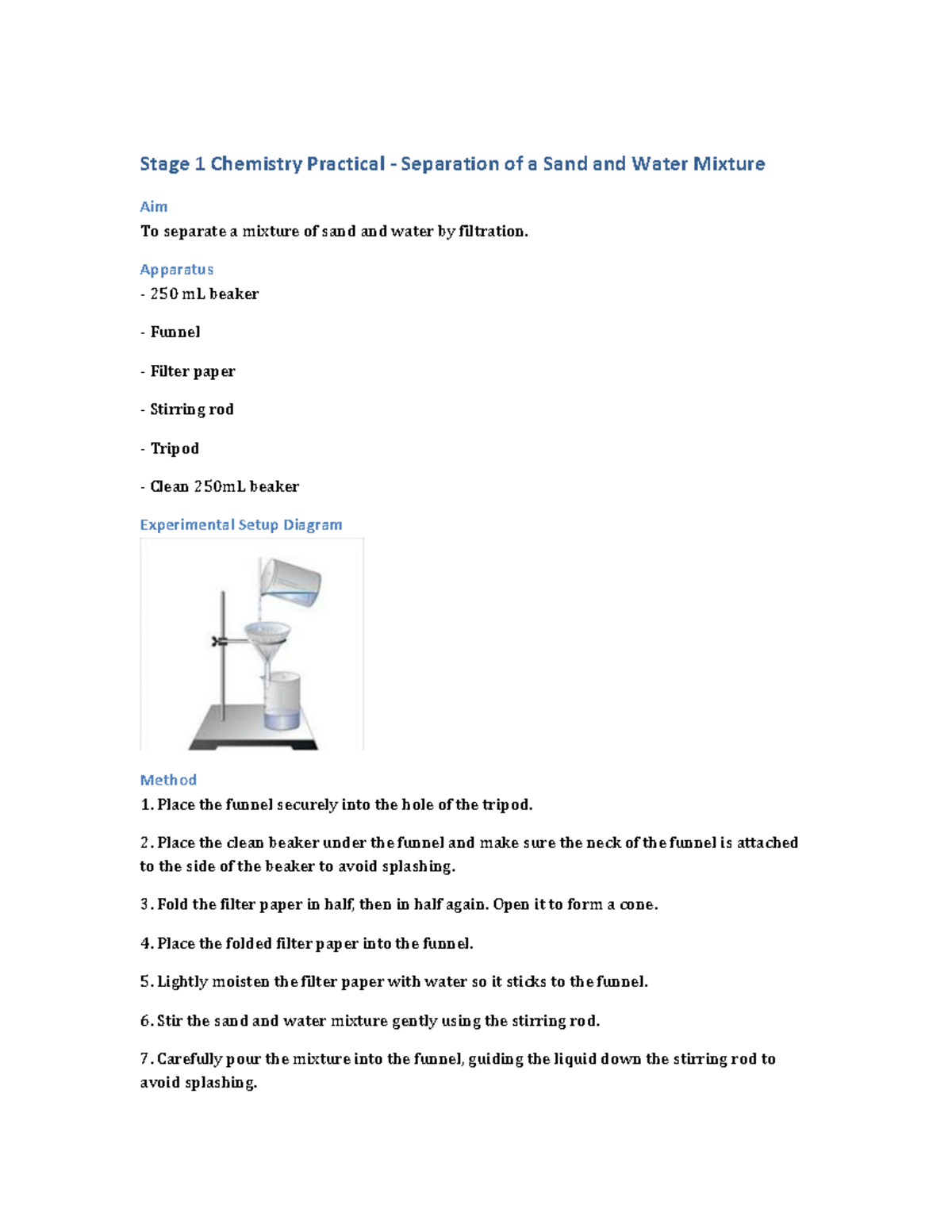 Stage 1 Chemistry Practical: Filtration of Sand and Water Mixture - Studocu