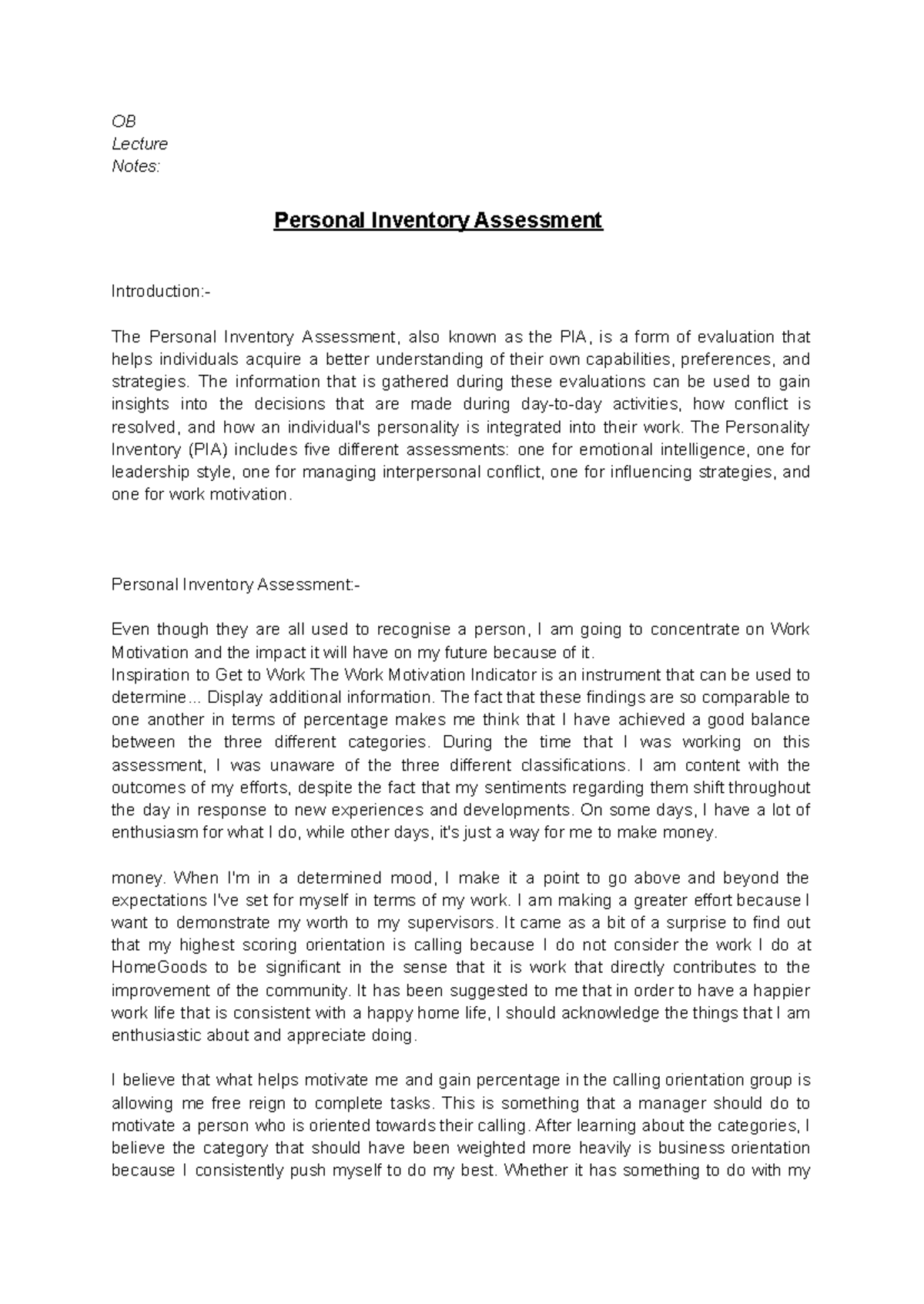 Personal Inventory Assessment: Understanding Work Motivation & Job ...