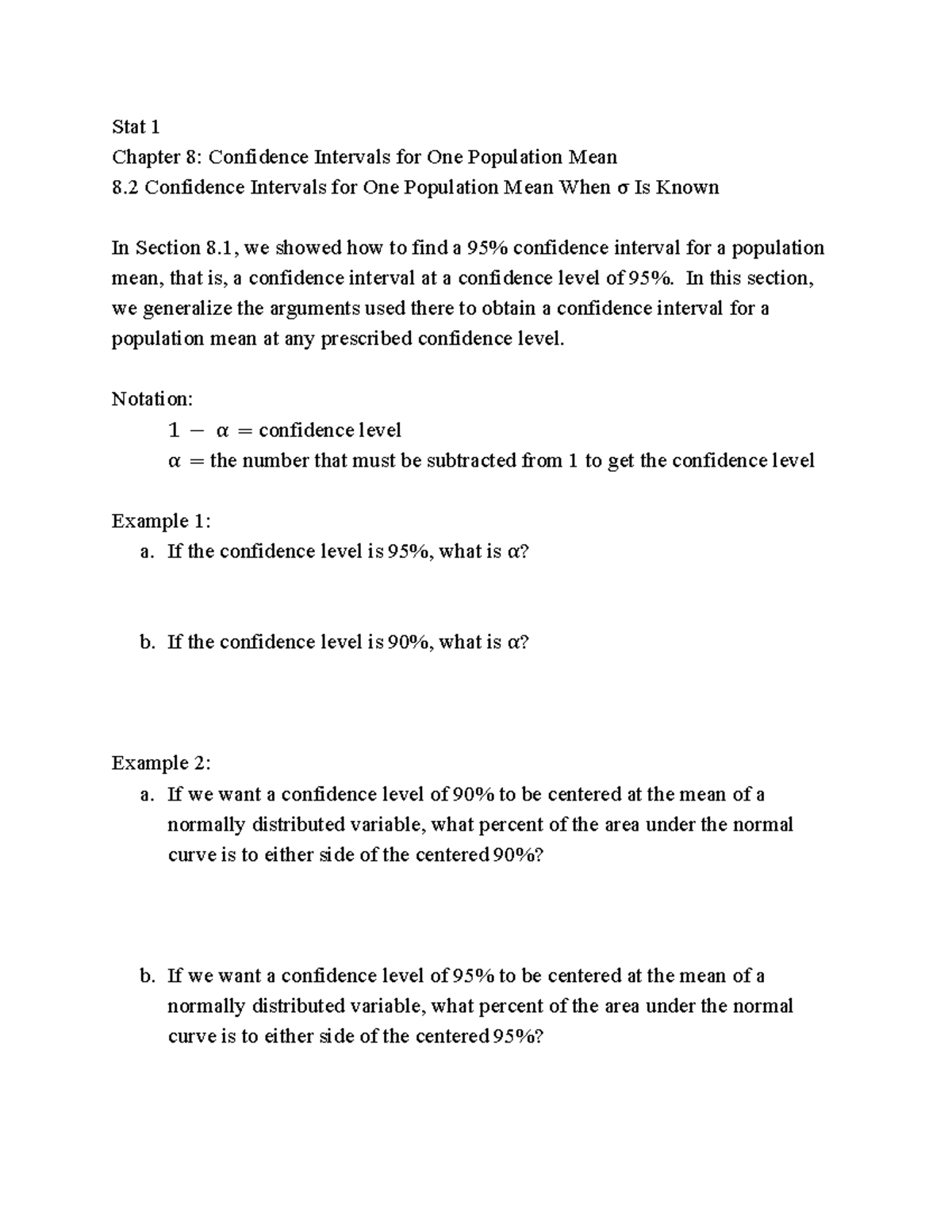 Stat 1 - Chapter 8.2: Detailed Study on Confidence Intervals for One ...