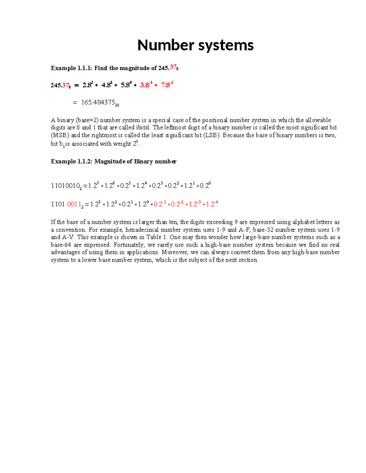 nguyên lí máy tính - Number systems A binary (base=2) number system is ...