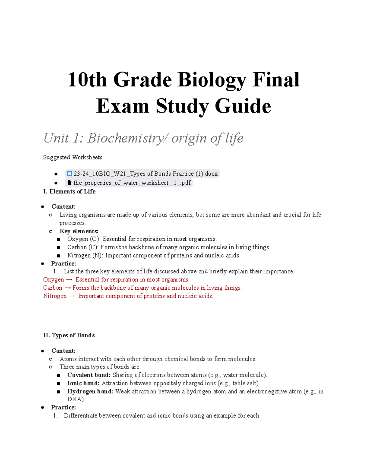 Grade 10 Biology Final Exam Study Guide: Key Concepts and Practice ...