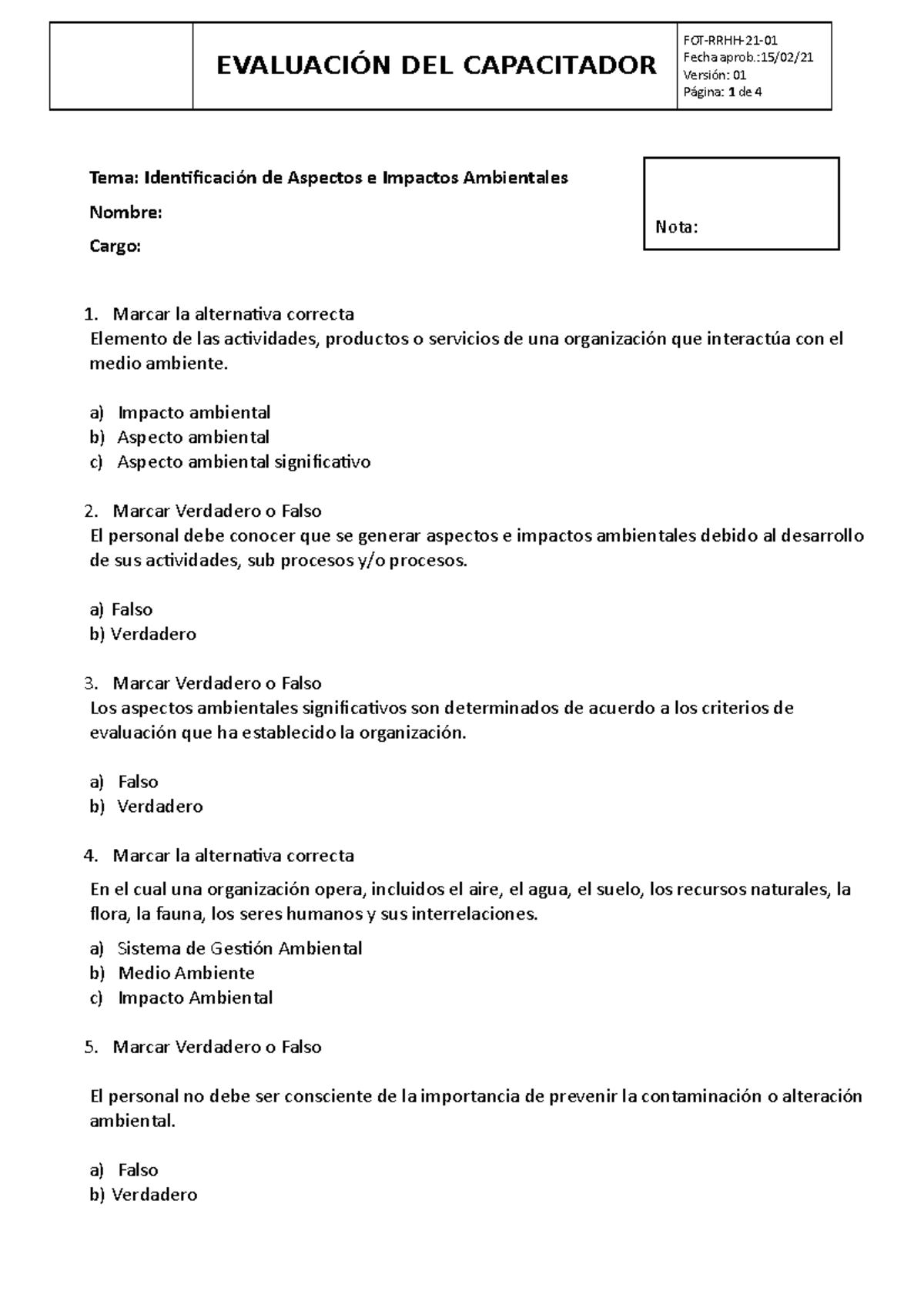 Evaluación de Aspectos e Impactos Ambientales - Informe 01 - Document Preview