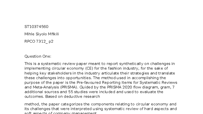 RPCO 7312 P2: Systematic Review on Circular Economy in Fashion - Studocu
