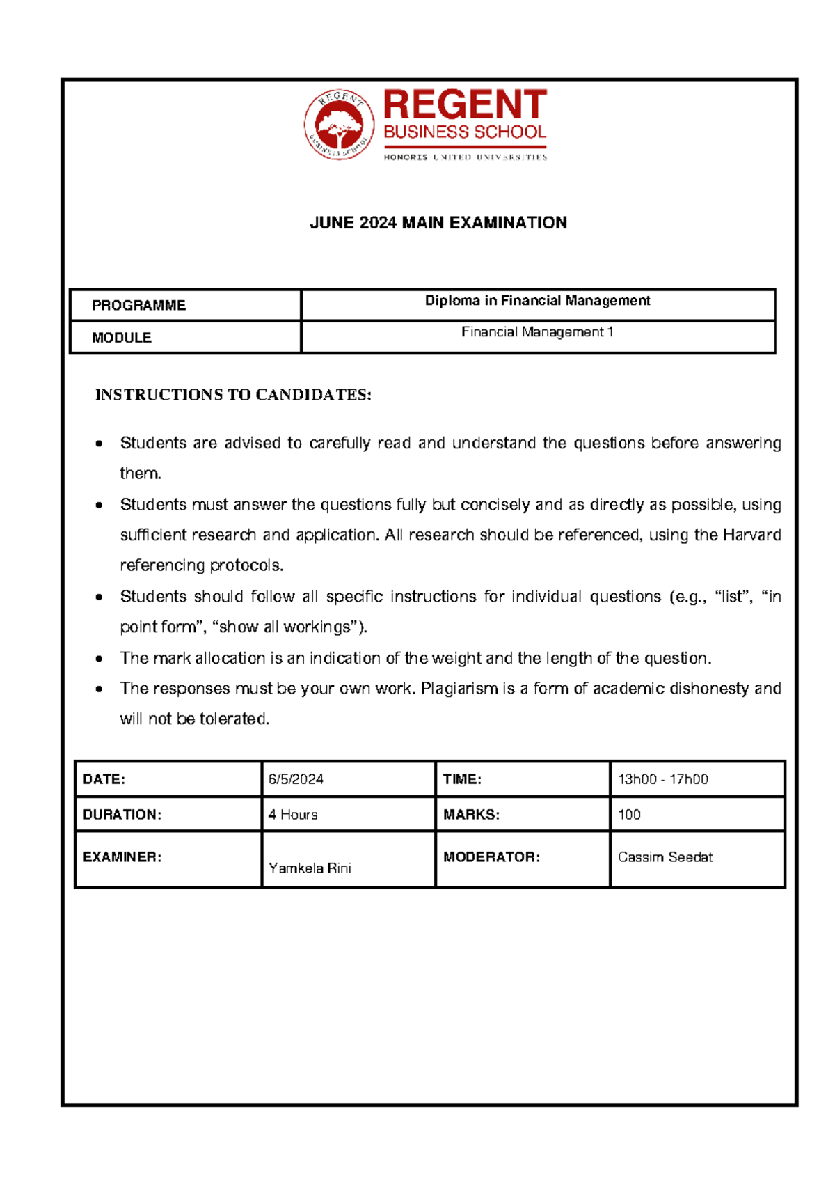 DFMT FM100 Final Exam June 2024: Financial Management 1 - Studocu