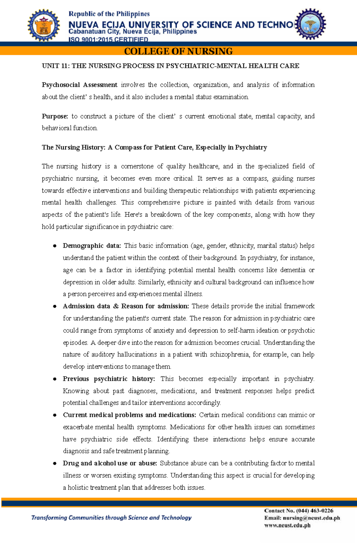 Unit 11 The Nursing Process in Psychiatric-Mental Health Care - UNIT 11 ...
