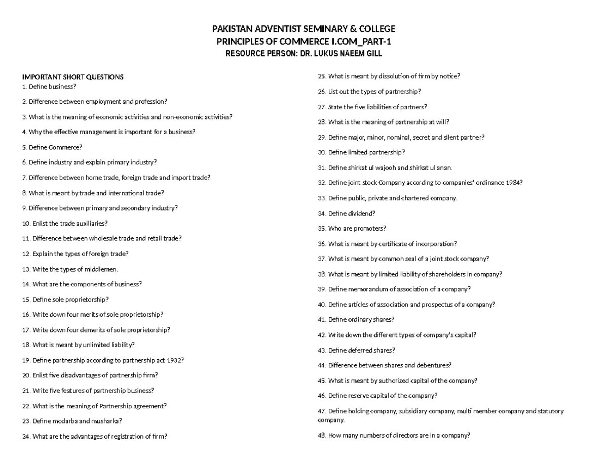 Commerce Short and Long Questions - PAKISTAN ADVENTIST SEMINARY COLLEGE ...