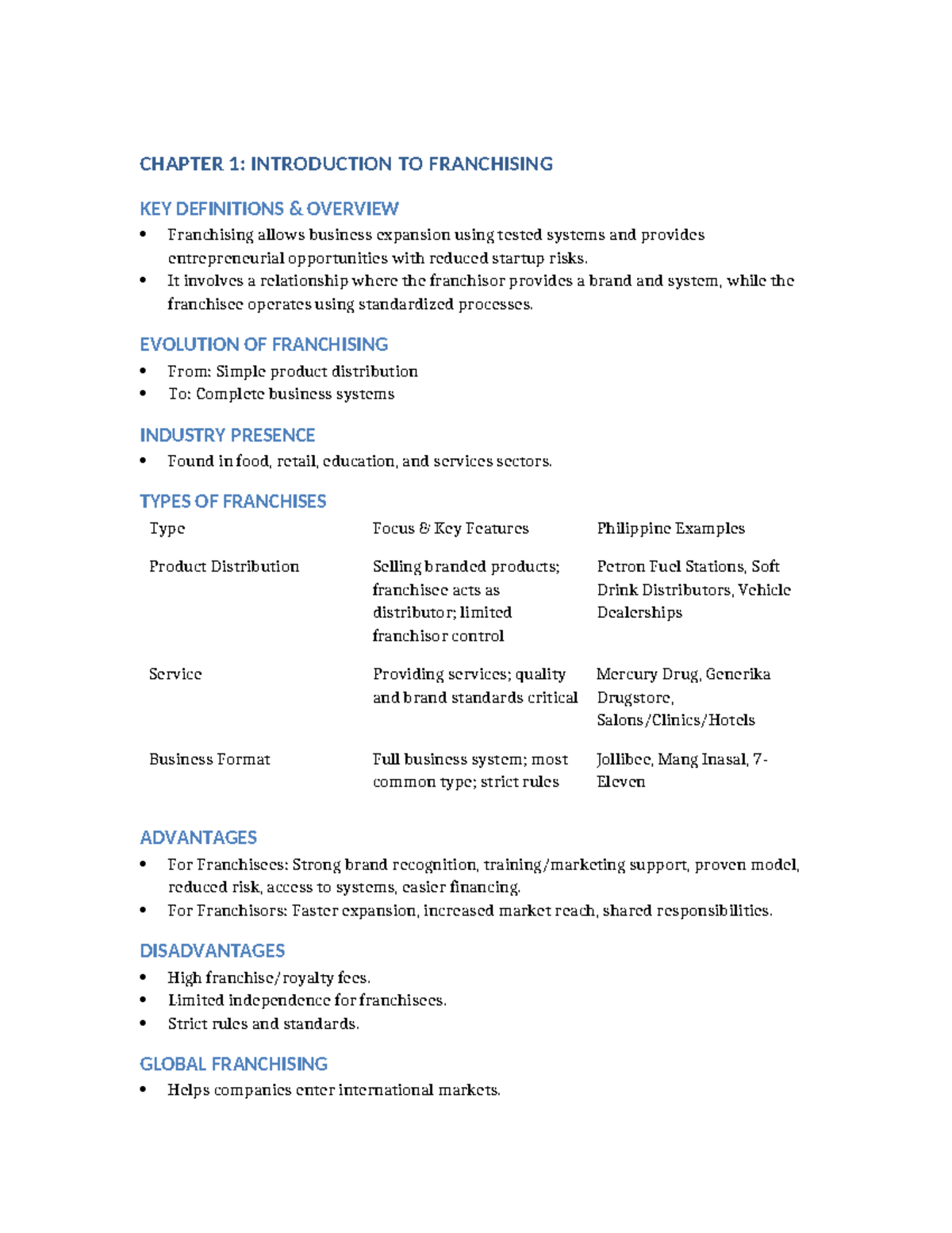 Franchising Notes - PRACTICE REVIEWER FOR EXAM (CHAPTER 1-4) - Studocu
