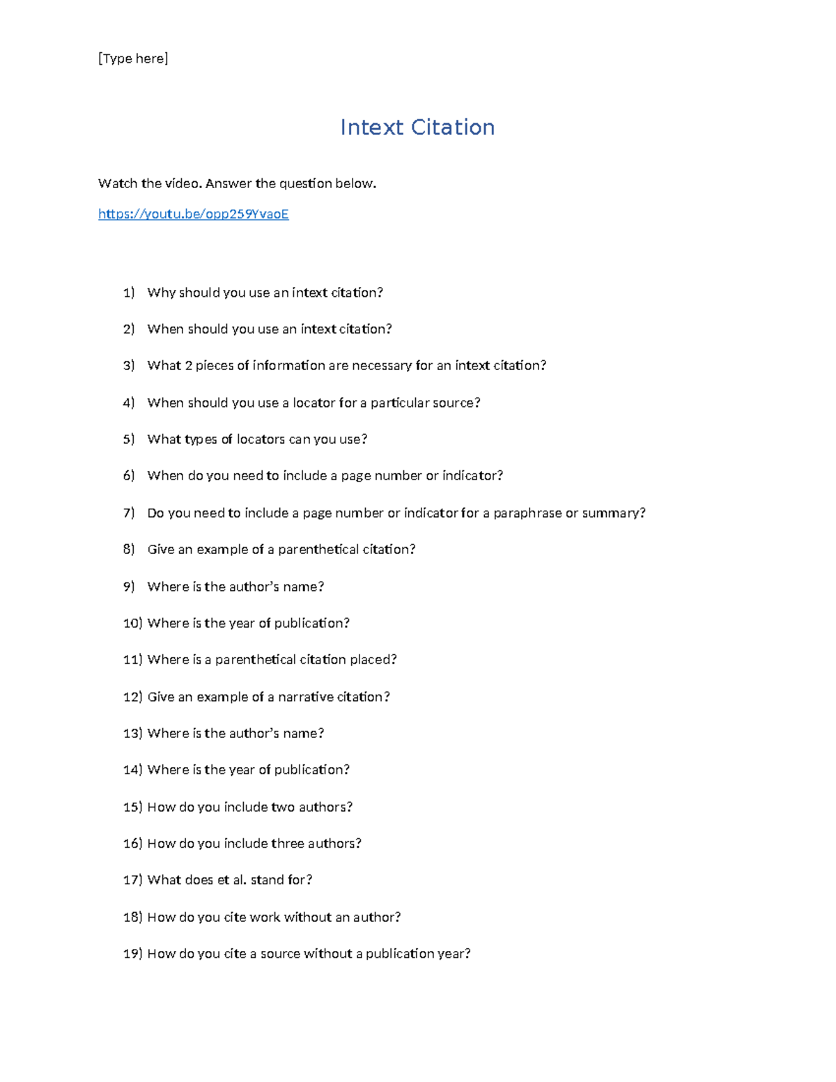 Intext Citation video and worksheet - [Type here] Intext Citation Watch ...
