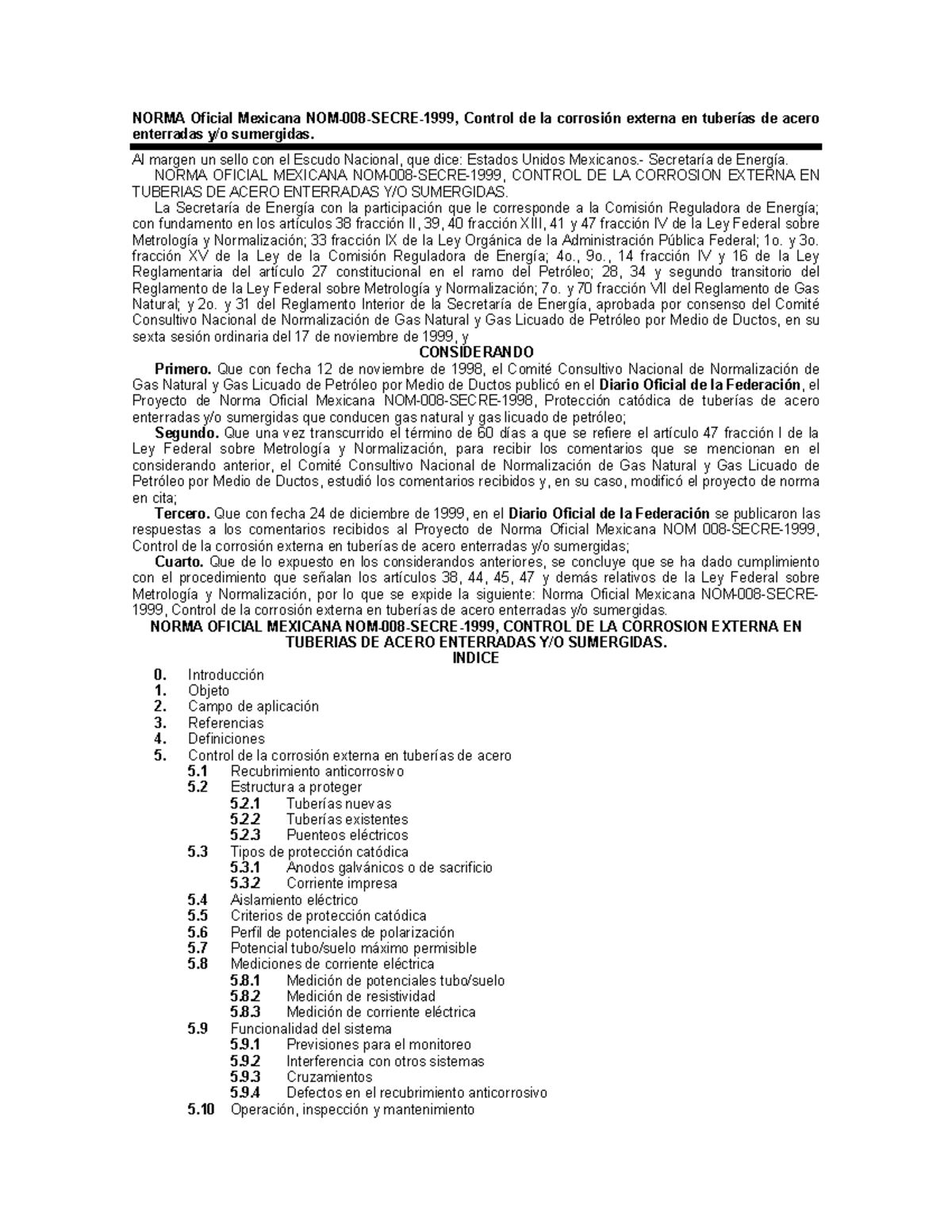 NOM-008-SECRE-1999: Control de Corrosión en Tuberías de Acero - Document Preview