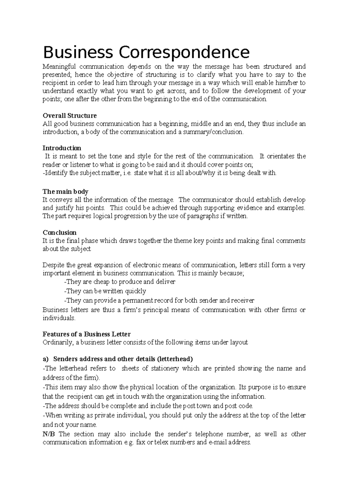 Business Correspondence: Key Elements and Structure - Studocu