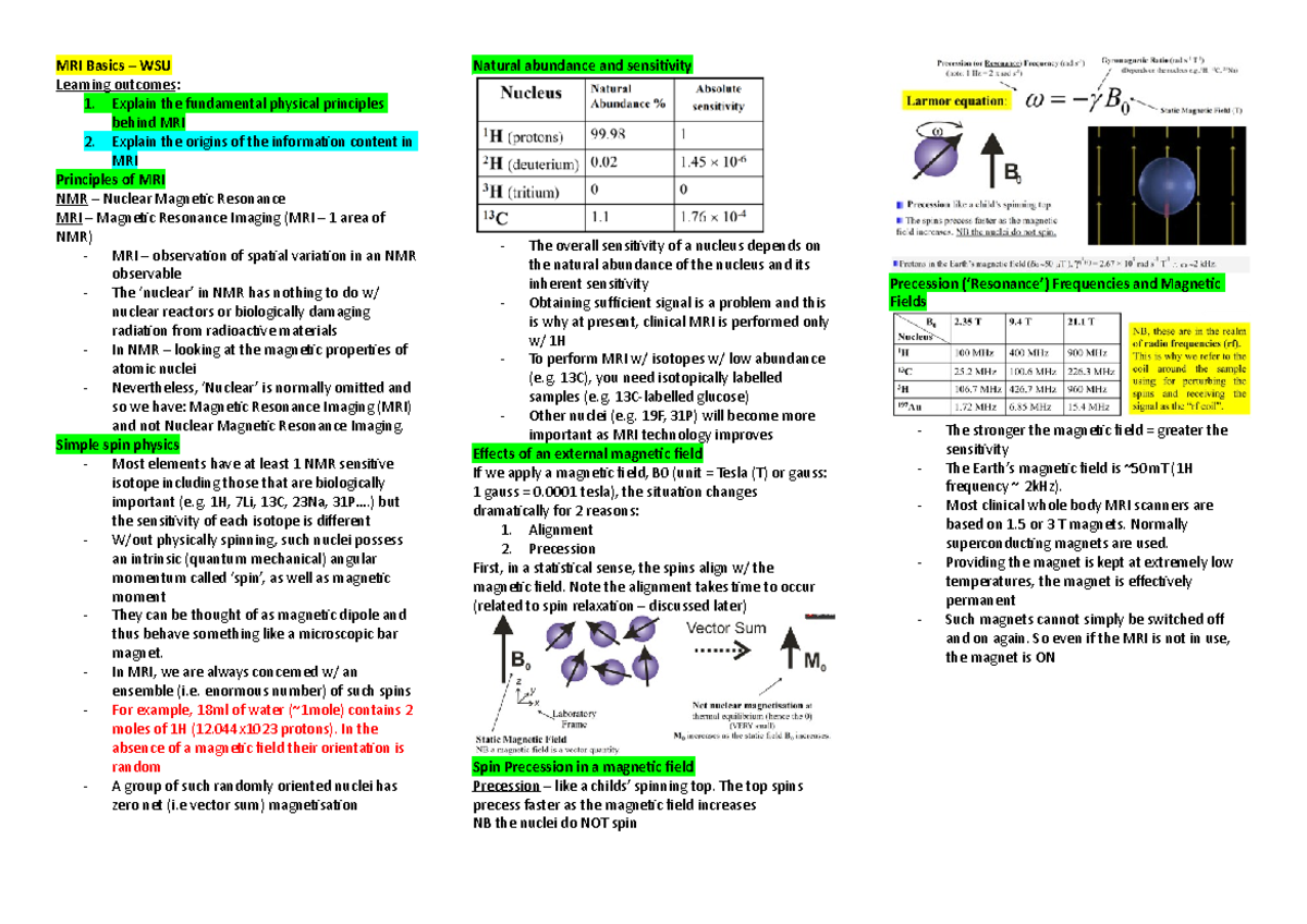 MRI Basics - WSU Lecture Notes 1 on Principles of Magnetic Resonance ...