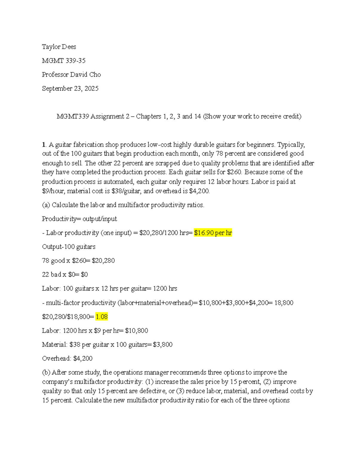 MGMT 339-35 Assignment 2: Ops Strategy & Productivity Analysis - Studocu