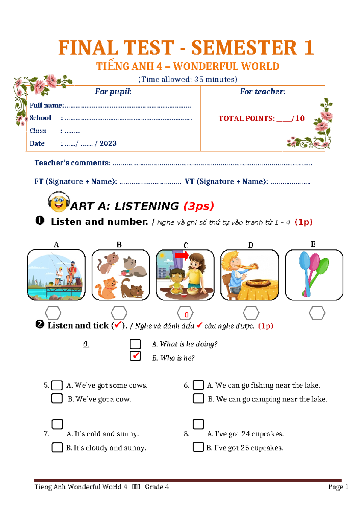 2023 Grade 4 - Final Test 1: Listening, Reading, Writing (3 Kỹ Năng ...