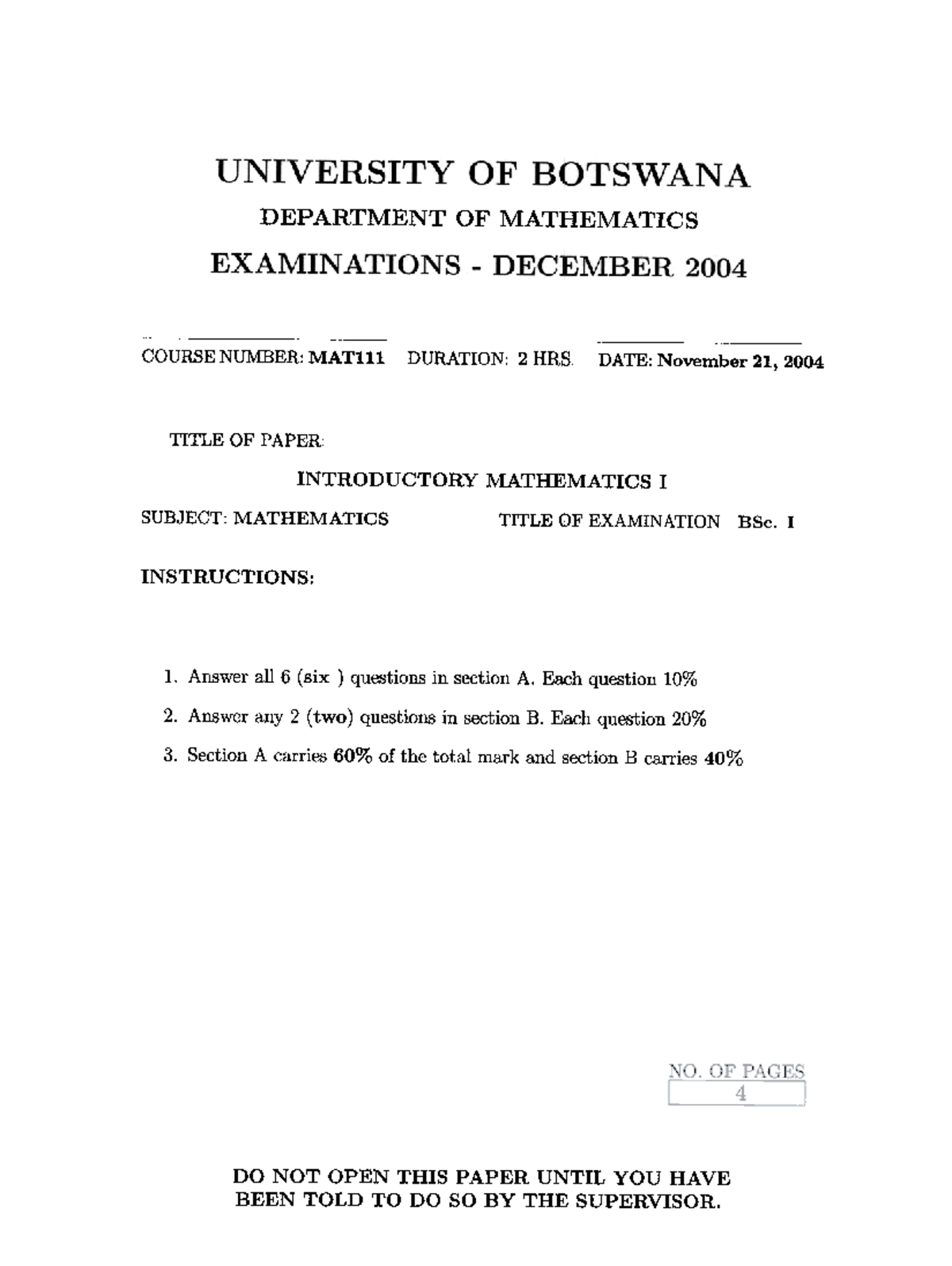 04S1MAT111 - Past Paper: Introductory Mathematics Exam - Studocu