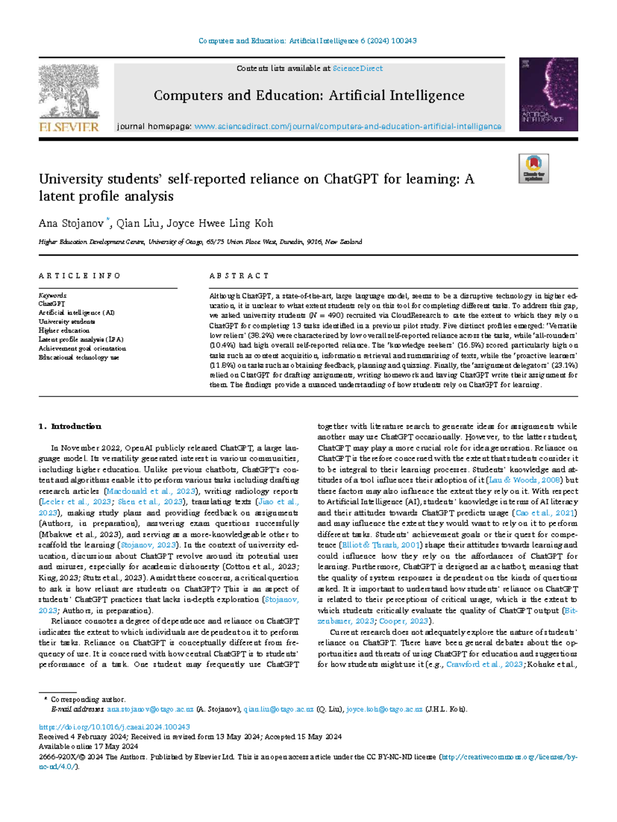University Reliance on ChatGPT for Learning: A Latent Profile Analysis ...