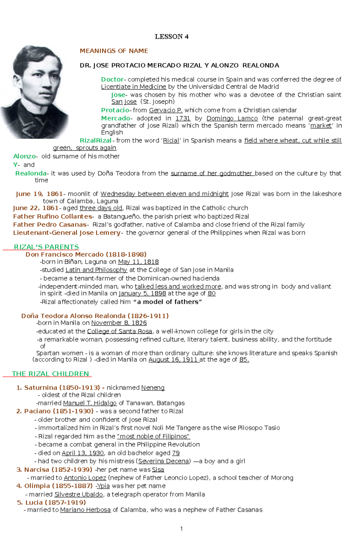 LESSON 5: FAMILY OF DR. JOSE RIZAL AND THEIR LEGACY - Studocu