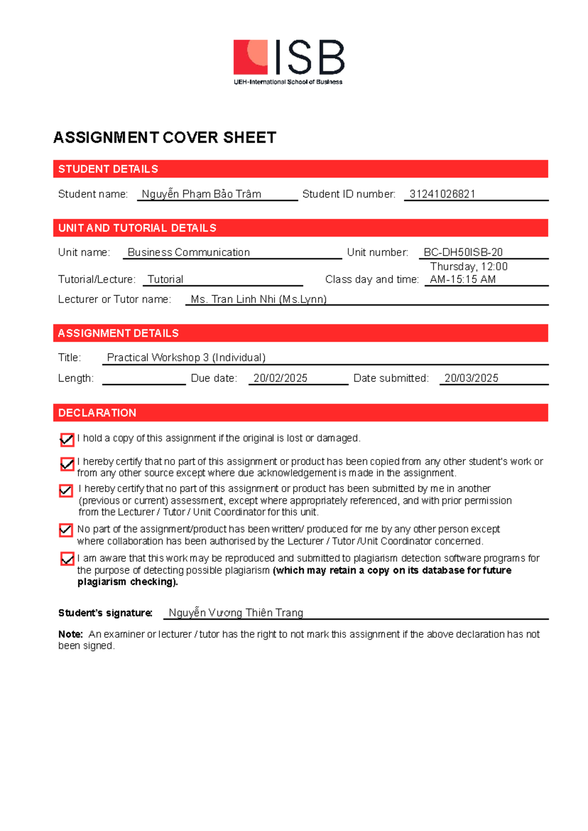 BC20 Practical Workshop 3 Assignment Cover Sheet - Studocu