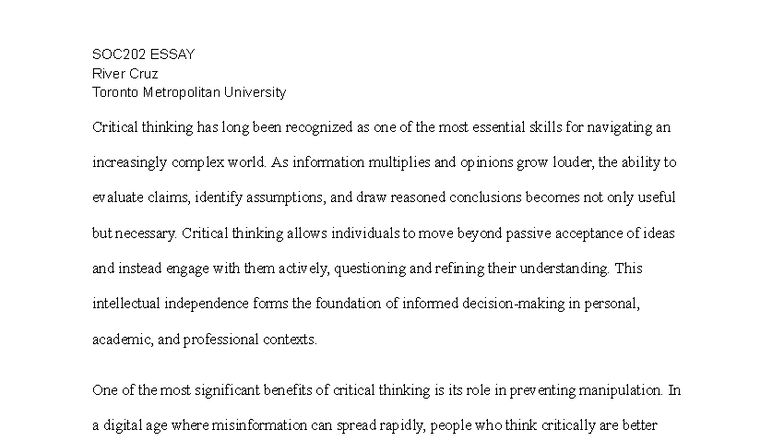SOC202 ESSAY: The Importance of Critical Thinking in Modern Society ...